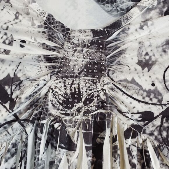 Unity World Wear Dress Womens Large Black Floral Sheath Beaded Pleated Hi-Low - Picture 6 of 8